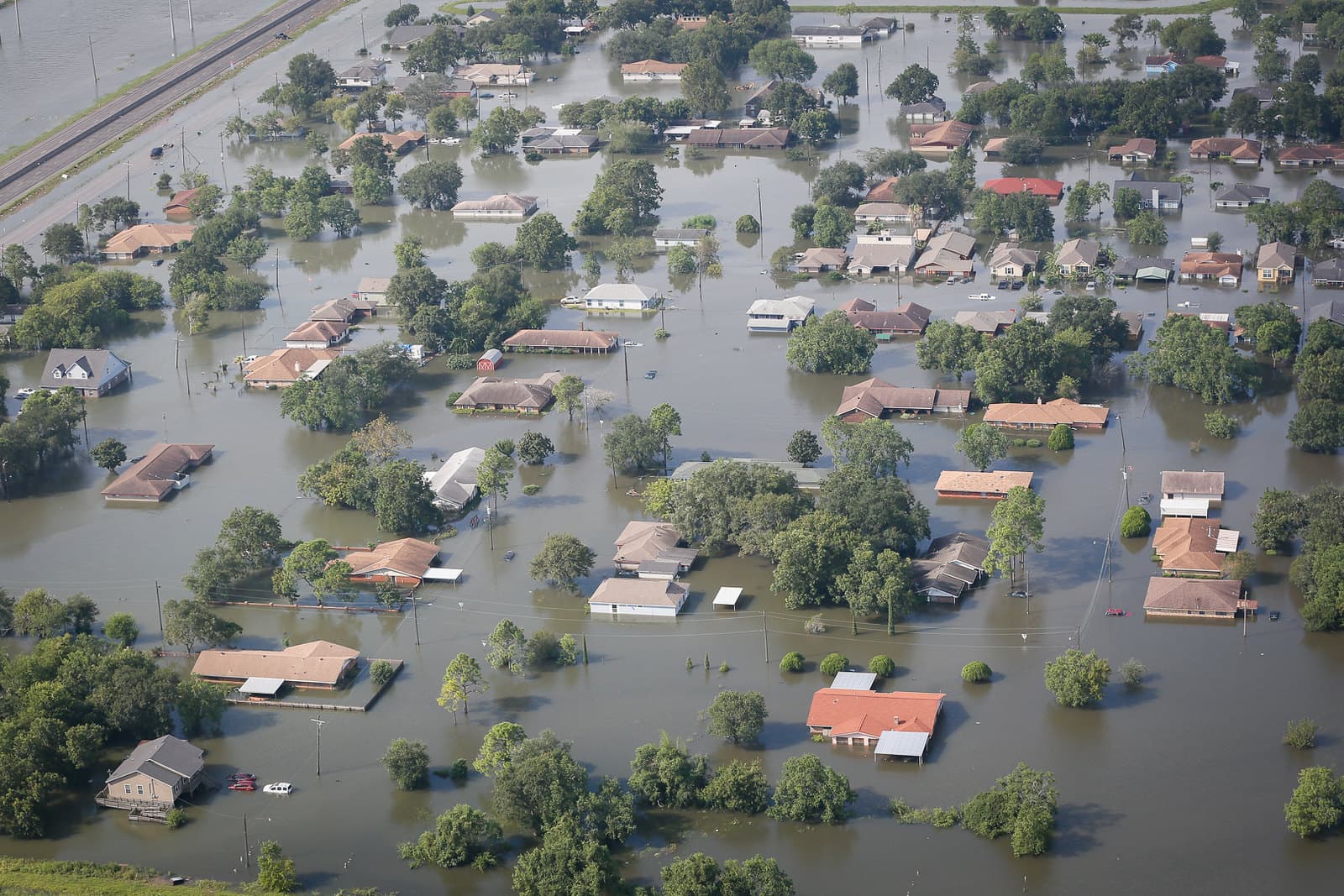 Aerial view of flooded Houston neighborhood during Hurricane Harvey